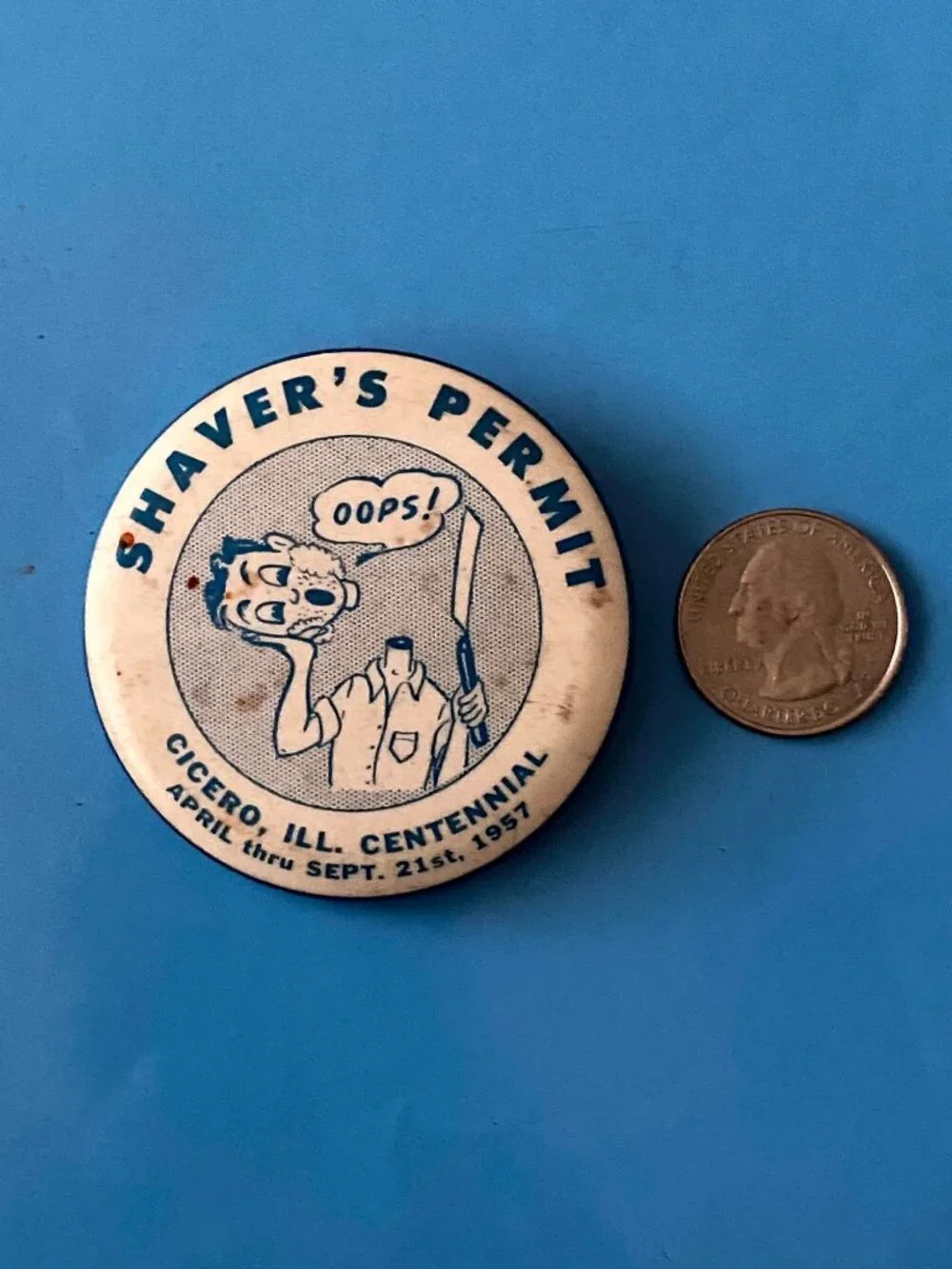 1857-1957 Cicero IL Illinois Centennial Shaver's Permit BUTTON PIN PINBACK